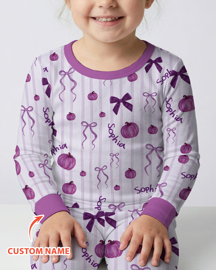 Custom Name Coquette Pumpkin Bow Fall Bamboo Two Piece Long Sleeve Pajama Set