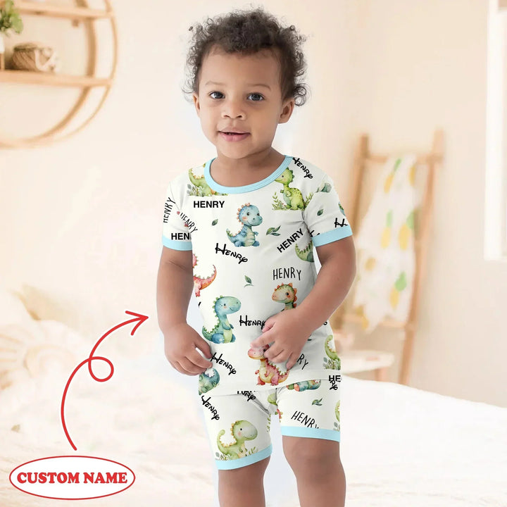 Dinosaur Custom Name Two Piece Short Sleeve Shorts Pajama Set , Dinosaur Custom Name Two Piece Short Sleeve Shorts Pajama Set - 12-18M