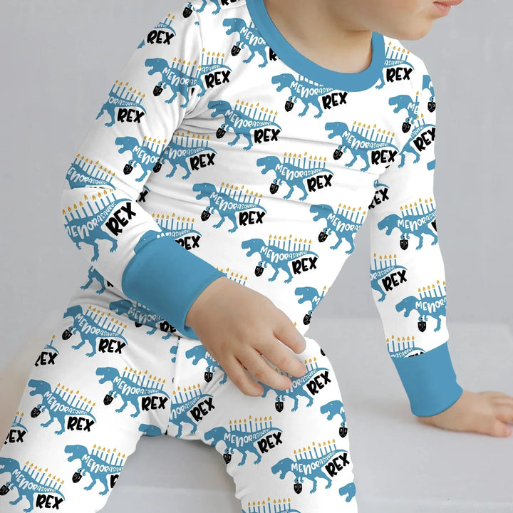 Dinosaur Hanukkah Boy Two Piece Long Sleeve Pajama Set , Dinosaur Hanukkah Boy Two Piece Long Sleeve Pajama Set - 12-18M