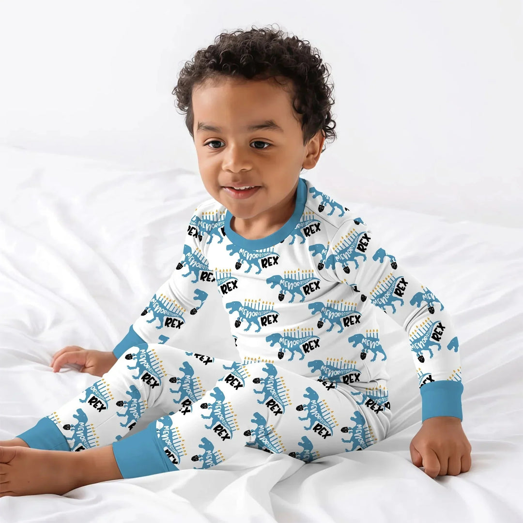 Dinosaur Hanukkah Boy Two Piece Long Sleeve Pajama Set , Dinosaur Hanukkah Boy Two Piece Long Sleeve Pajama Set - 12-18M
