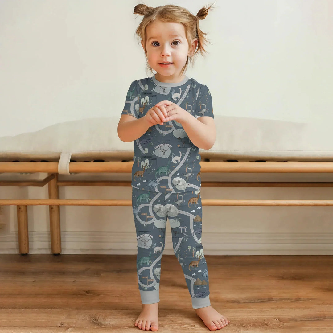 Dinosaur Route Map Two Piece Short Sleeve Pajama Set , Dinosaur Route Map Two Piece Short Sleeve Pajama Set - 12-18M