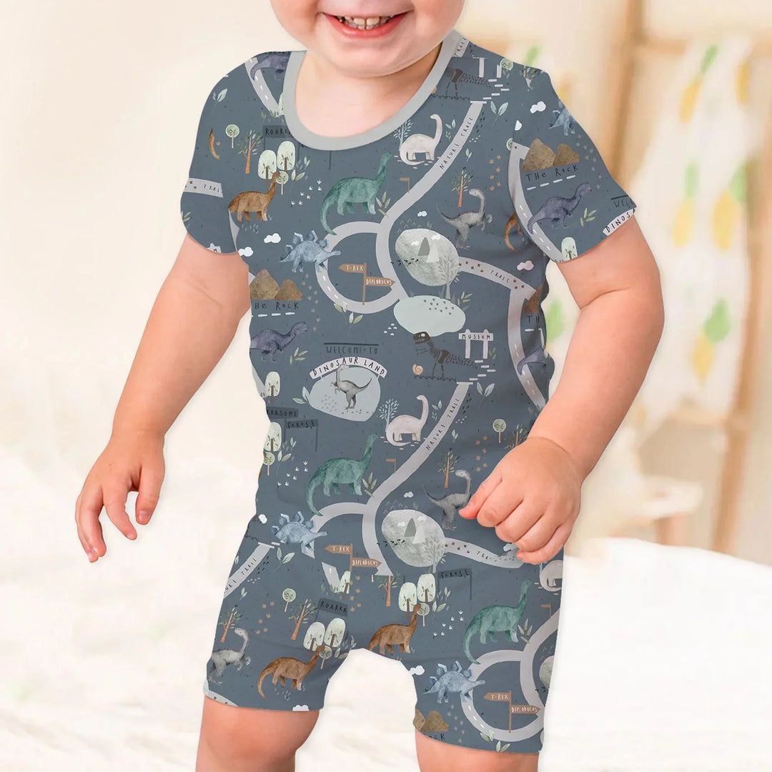 Dinosaur Route Map Two Piece Short Sleeve Shorts Pajama Set , Dinosaur Route Map Two Piece Short Sleeve Shorts Pajama Set - 12-18M