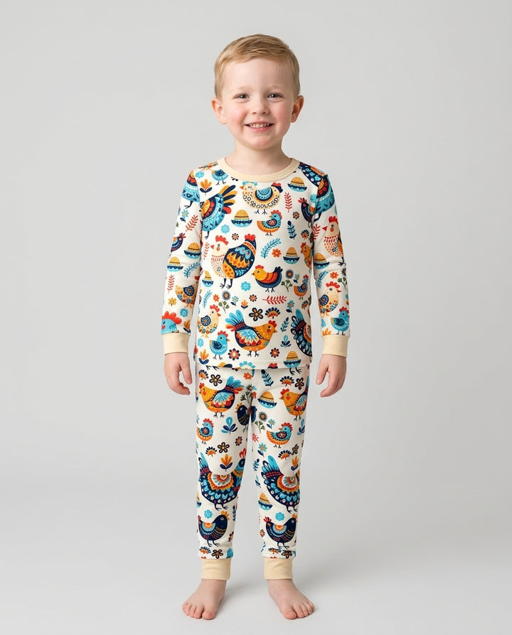 Pioneer Chickens And Roosters  Bamboo Two Piece Long Sleeve Pajama Set