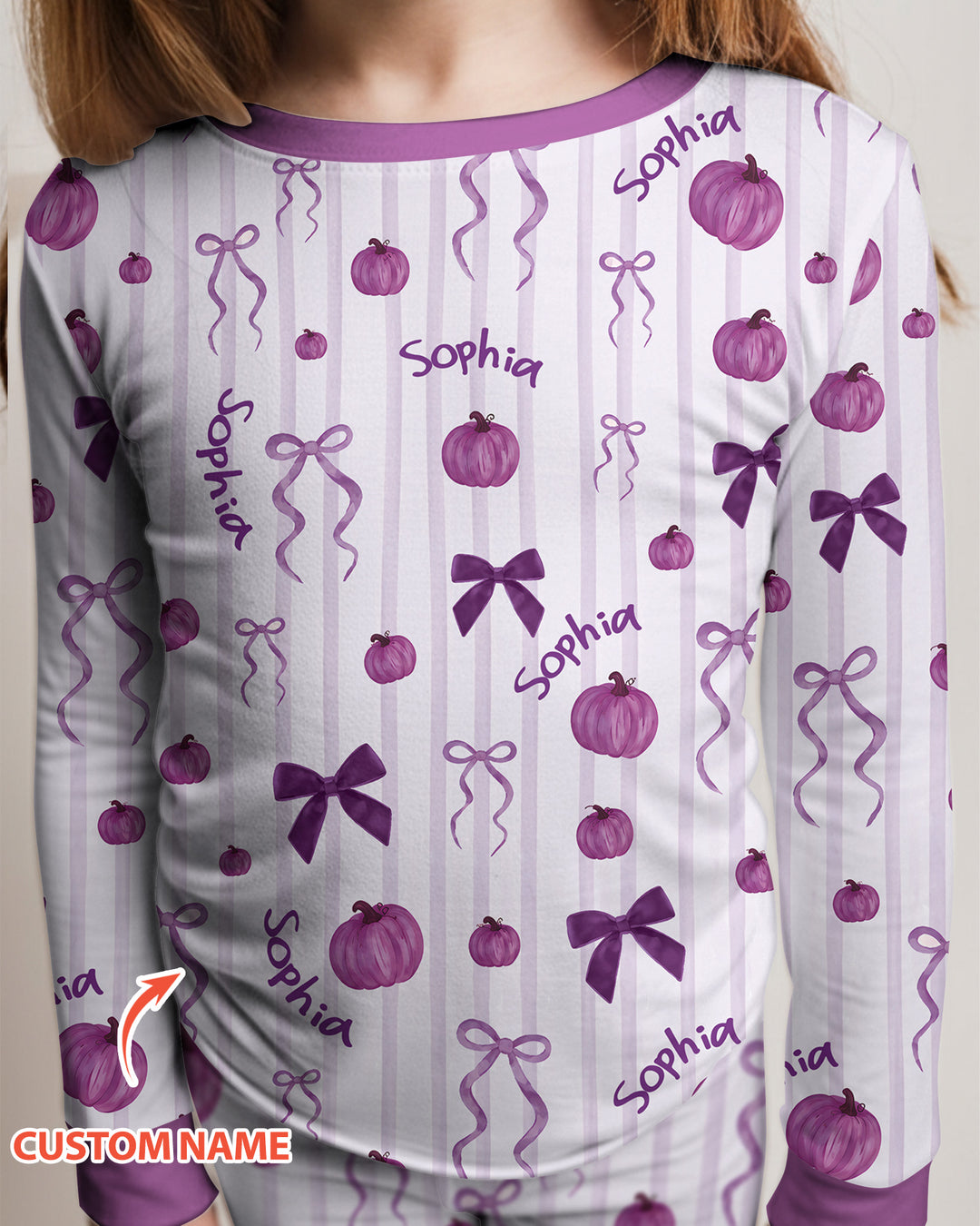 Custom Name Coquette Pumpkin Bow Fall Bamboo Two Piece Long Sleeve Pajama Set