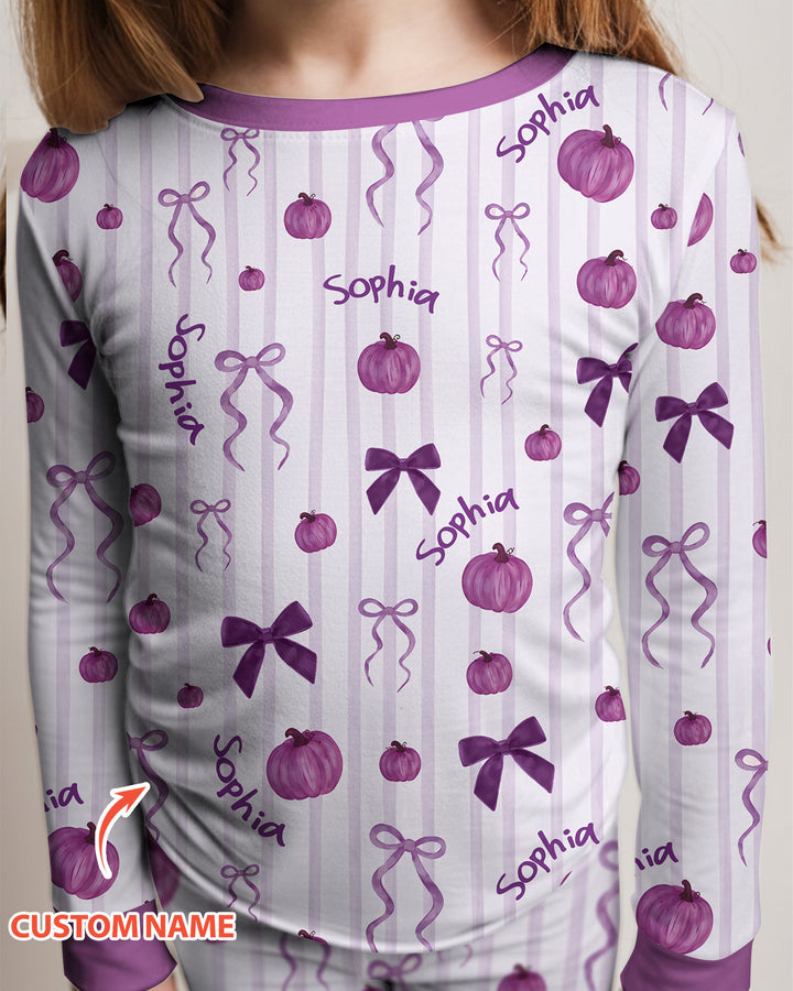 Custom Name Coquette Pumpkin Bow Fall Bamboo Two Piece Long Sleeve Pajama Set