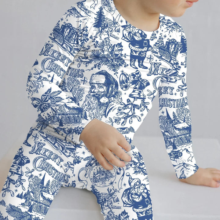 Family Christmas Chinoiserie Custom Color Pajama Two Piece Long Sleeve Pajama Set , Family Christmas Chinoiserie Custom Color Pajama Two Piece Long Sleeve Pajama Set - 12-18M / Blue