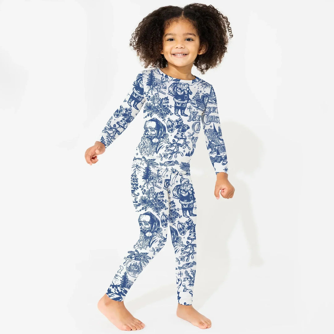 Family Christmas Chinoiserie Custom Color Pajama Two Piece Long Sleeve Pajama Set , Family Christmas Chinoiserie Custom Color Pajama Two Piece Long Sleeve Pajama Set - 12-18M / Blue