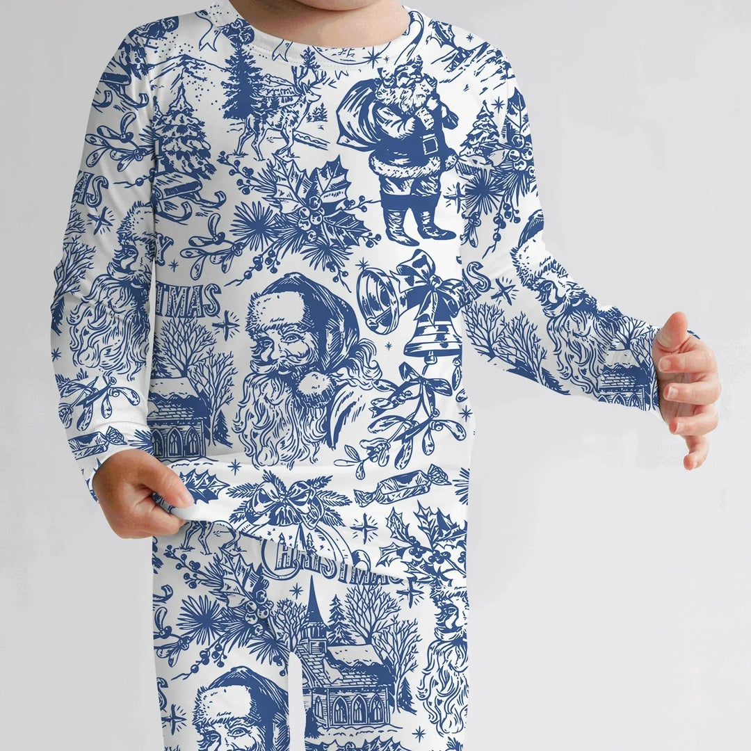 Family Christmas Chinoiserie Custom Color Pajama Two Piece Long Sleeve Pajama Set , Family Christmas Chinoiserie Custom Color Pajama Two Piece Long Sleeve Pajama Set - 12-18M / Blue