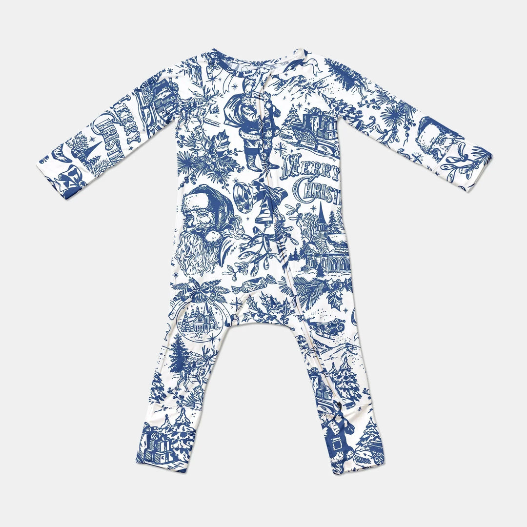 Family Christmas Chinoiserie Pajama Convertible Zippy , Family Christmas Chinoiserie Pajama Convertible Zippy - 0-3M / Blue