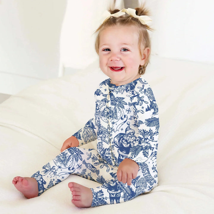 Family Christmas Chinoiserie Pajama Convertible Zippy , Family Christmas Chinoiserie Pajama Convertible Zippy - 0-3M / Blue