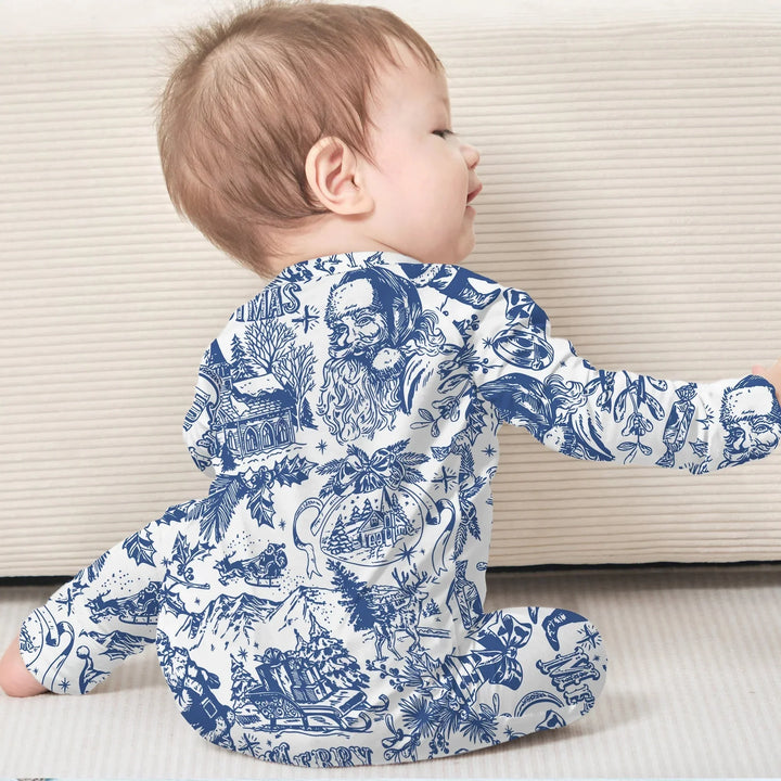 Family Christmas Chinoiserie Pajama Convertible Zippy , Family Christmas Chinoiserie Pajama Convertible Zippy - 0-3M / Blue