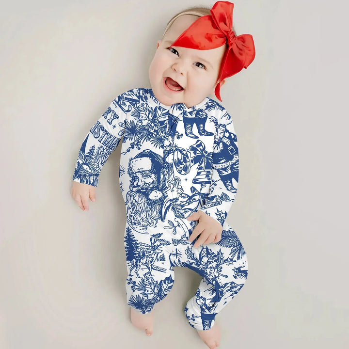 Family Christmas Chinoiserie Pajama Convertible Zippy , Family Christmas Chinoiserie Pajama Convertible Zippy - 0-3M / Blue