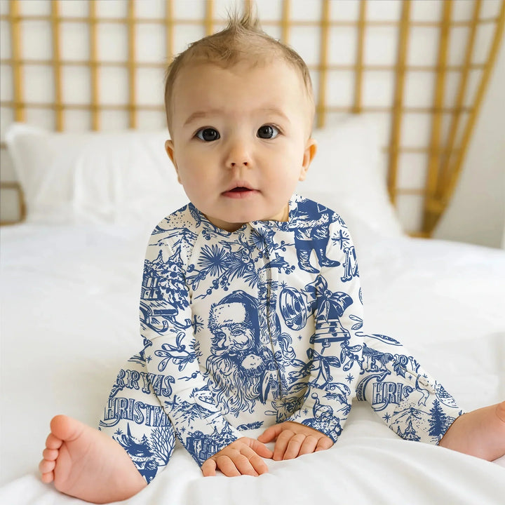 Family Christmas Chinoiserie Pajama Convertible Zippy , Family Christmas Chinoiserie Pajama Convertible Zippy - 0-3M / Blue