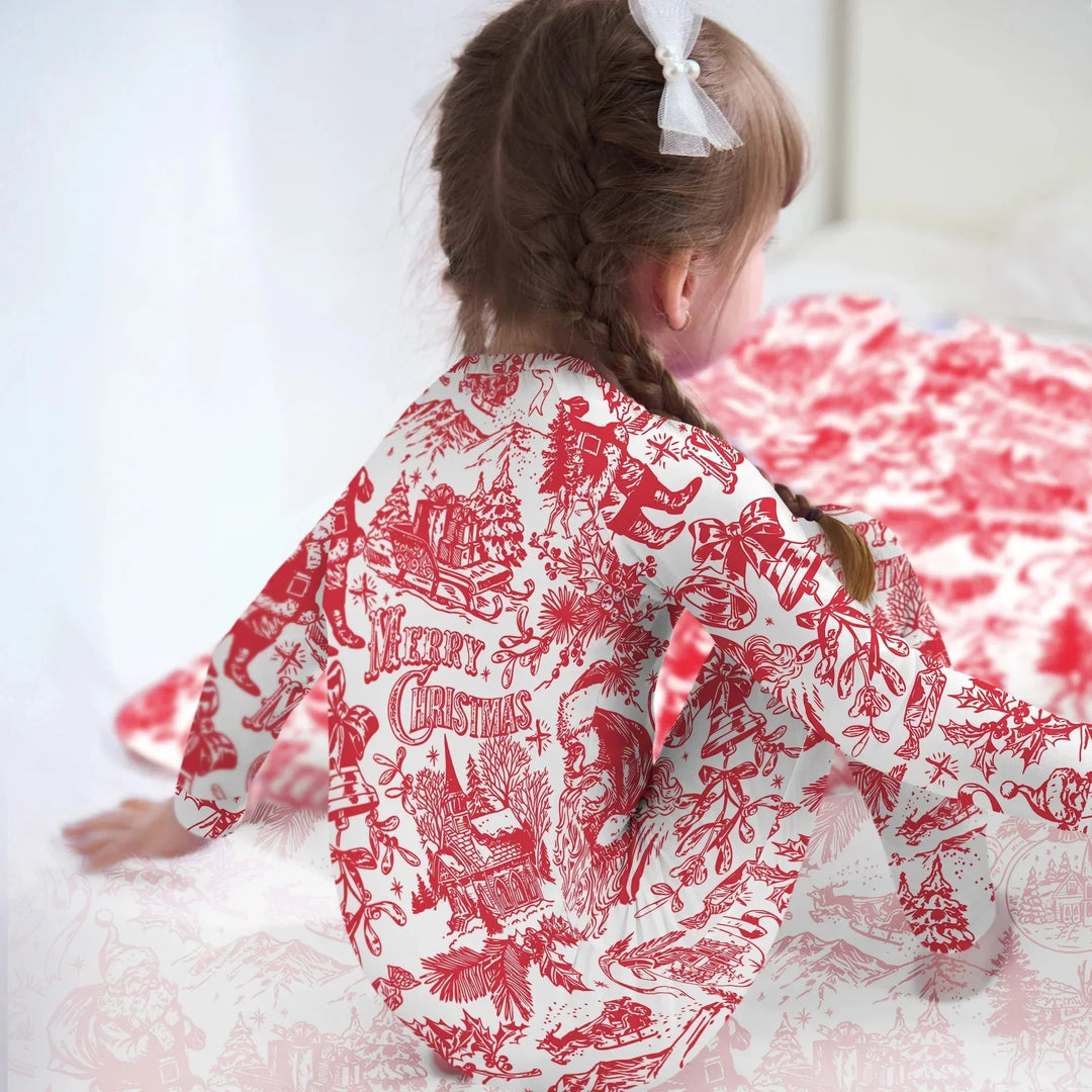 Family Christmas Chinoiserie Pajama Convertible Zippy , Family Christmas Chinoiserie Pajama Convertible Zippy - 0-3M / Blue