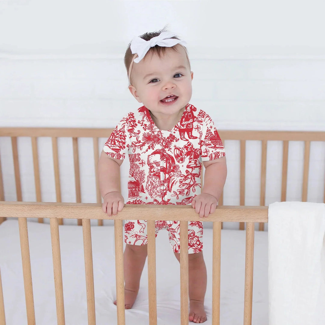 Family Christmas Chinoiserie Pajama Shorty Zippy , Family Christmas Chinoiserie Pajama Shorty Zippy - 0-3M / Red