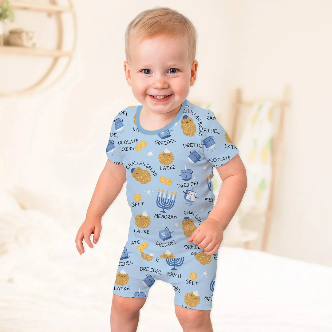 Family Hanukkah Matching Two Piece Short Sleeve Shorts Pajama Set , Family Hanukkah Matching Two Piece Short Sleeve Shorts Pajama Set - 12-18M / Blue