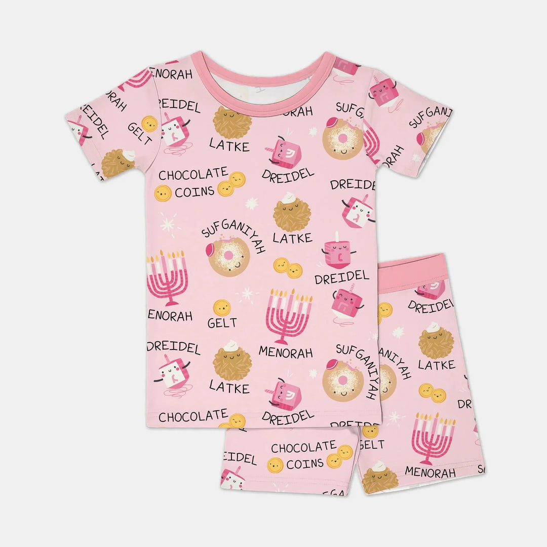Family Hanukkah Matching Two Piece Short Sleeve Shorts Pajama Set , Family Hanukkah Matching Two Piece Short Sleeve Shorts Pajama Set - 12-18M / Pink