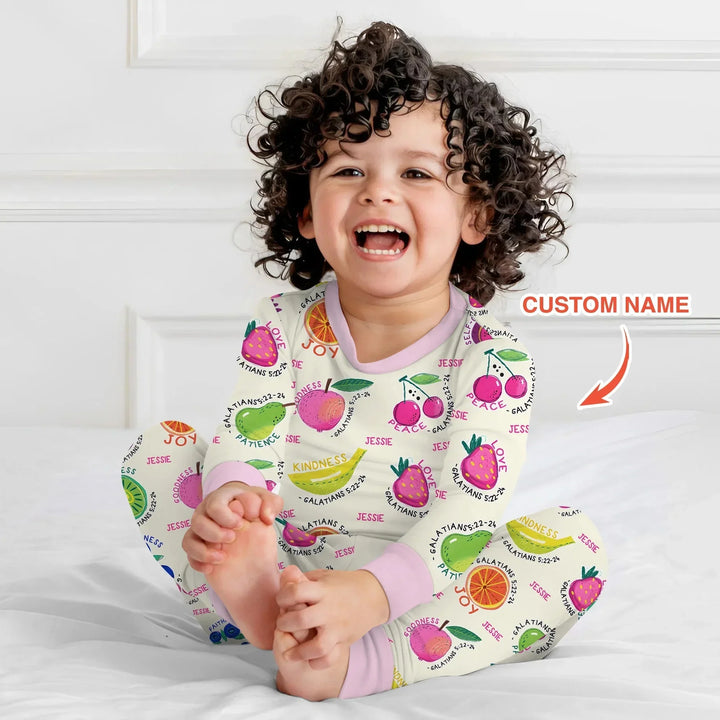 Fruit Of The Spirit Custom Name Two Piece Long Sleeve Pajama Set , Fruit Of The Spirit Custom Name Two Piece Long Sleeve Pajama Set - 12-18M