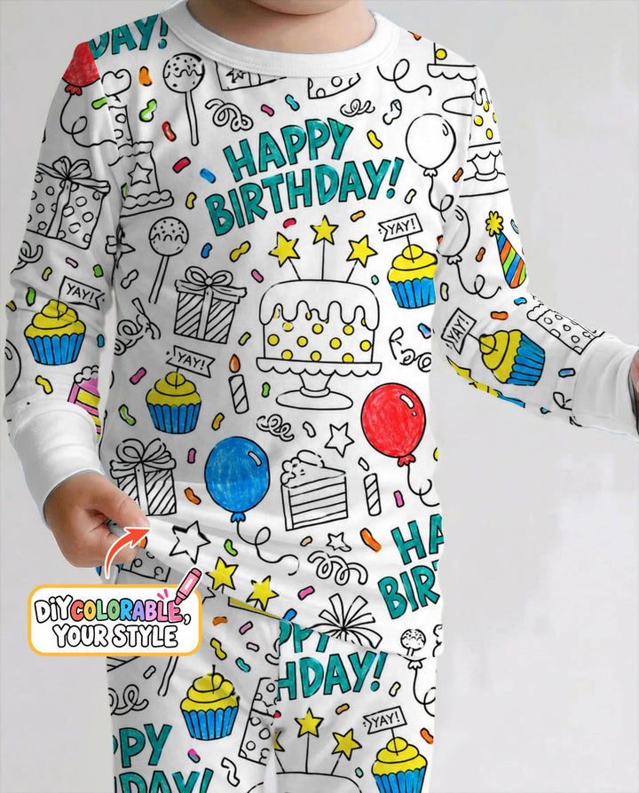 Happy Birthday Celebration Doodles Colorable Bamboo Two Piece Long Sleeve Pajama Set