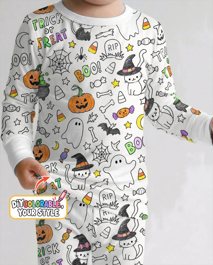 Trick or Treat Halloween Doodles Colorable Bamboo Two Piece Long Sleeve Pajama Set