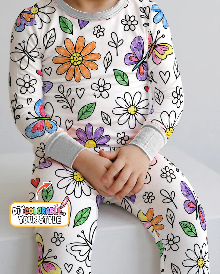 Butterfly Daisy Garden Doodles Colorable Bamboo Two Piece Long Sleeve Pajama Set