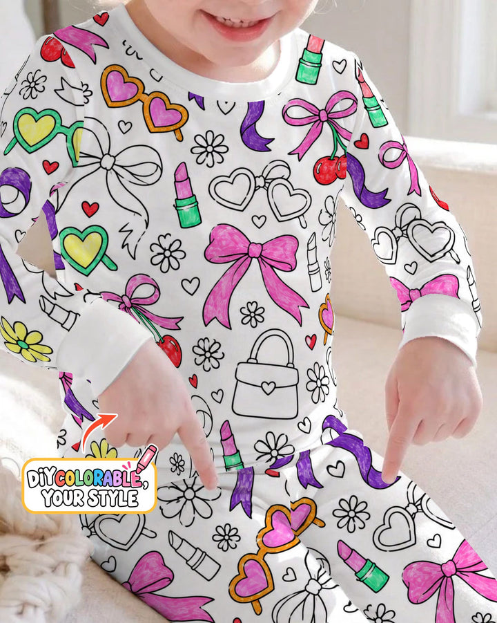 Girly Bows & Cherries Doodles Colorable Bamboo Two Piece Long Sleeve Pajama Set