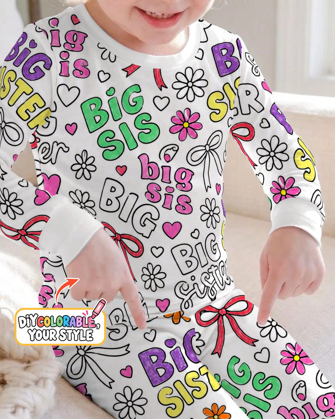 Big Sister Bows & Flowers Colorable Bamboo Two Piece Long Sleeve Pajama Set
