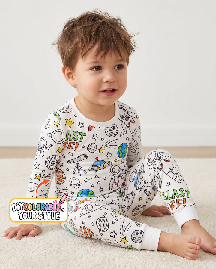 Blast Off Space Adventure Colorable Bamboo Two Piece Long Sleeve Pajama Set