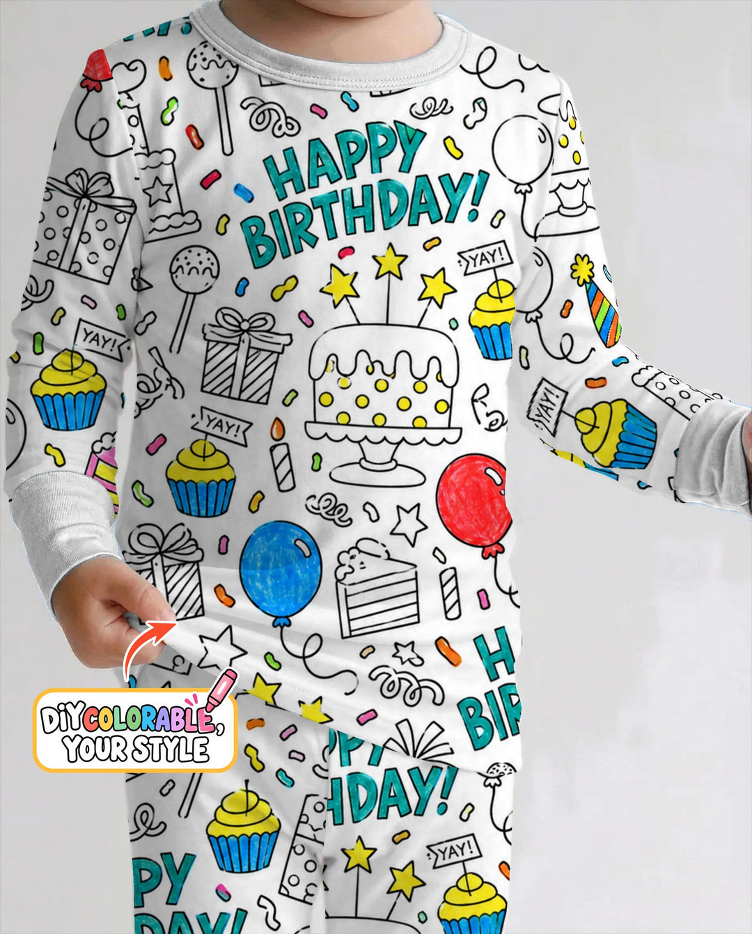 Happy Birthday Celebration Doodles Colorable Bamboo Two Piece Long Sleeve Pajama Set