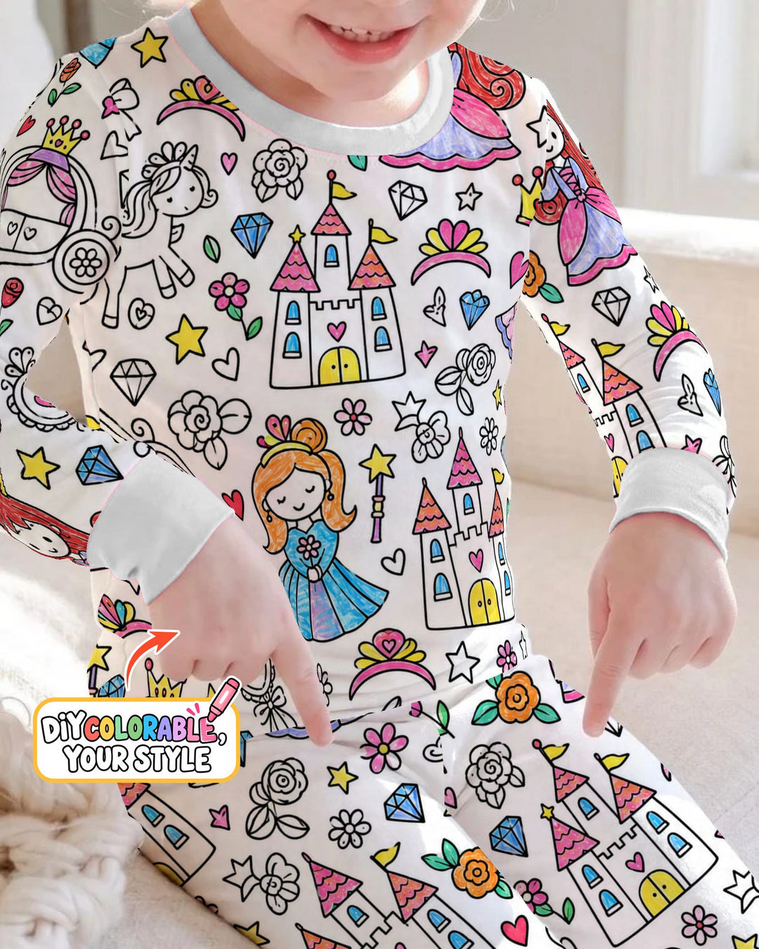 Princess Fairytale Kingdom Colorable Bamboo Two Piece Long Sleeve Pajama Set