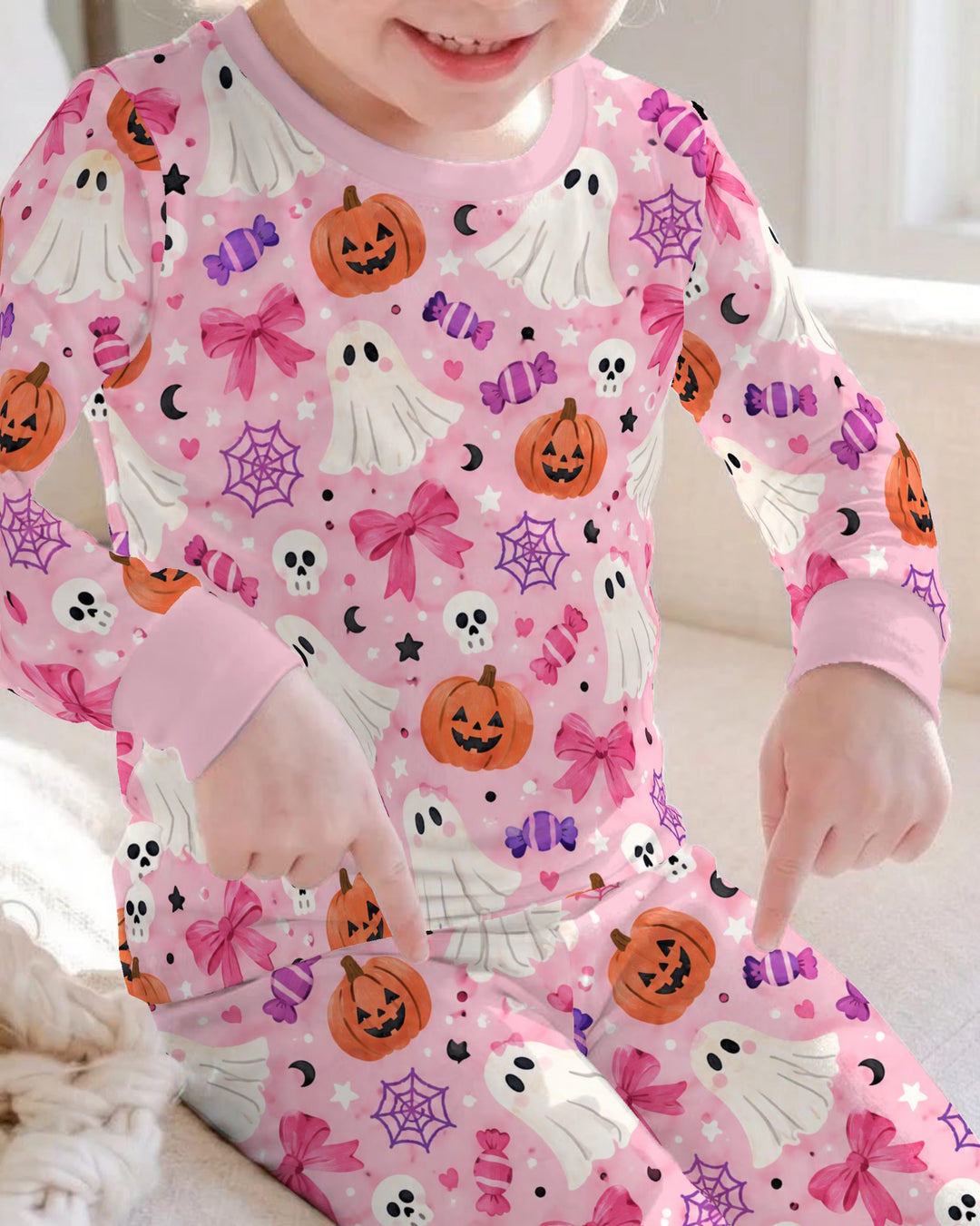 Pink Ghost Candy Halloween Bamboo Two Piece Long Sleeve Pajama Set