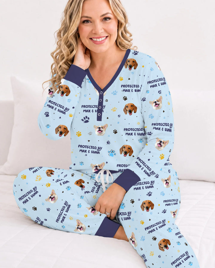 Custom Dog Photos "Protected By" Pawfect Blue Bamboo Women Pajama Set