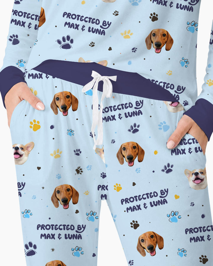 Custom Dog Photos "Protected By" Pawfect Blue Bamboo Women Pajama Set