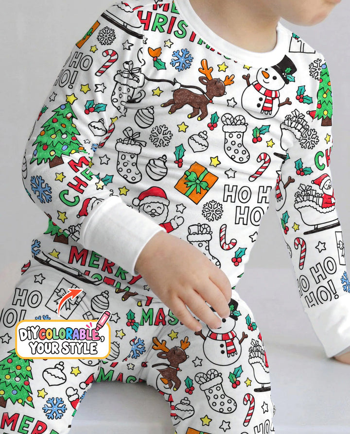 Merry Christmas Doodle Party Colorable Bamboo Two Piece Long Sleeve Pajama Set