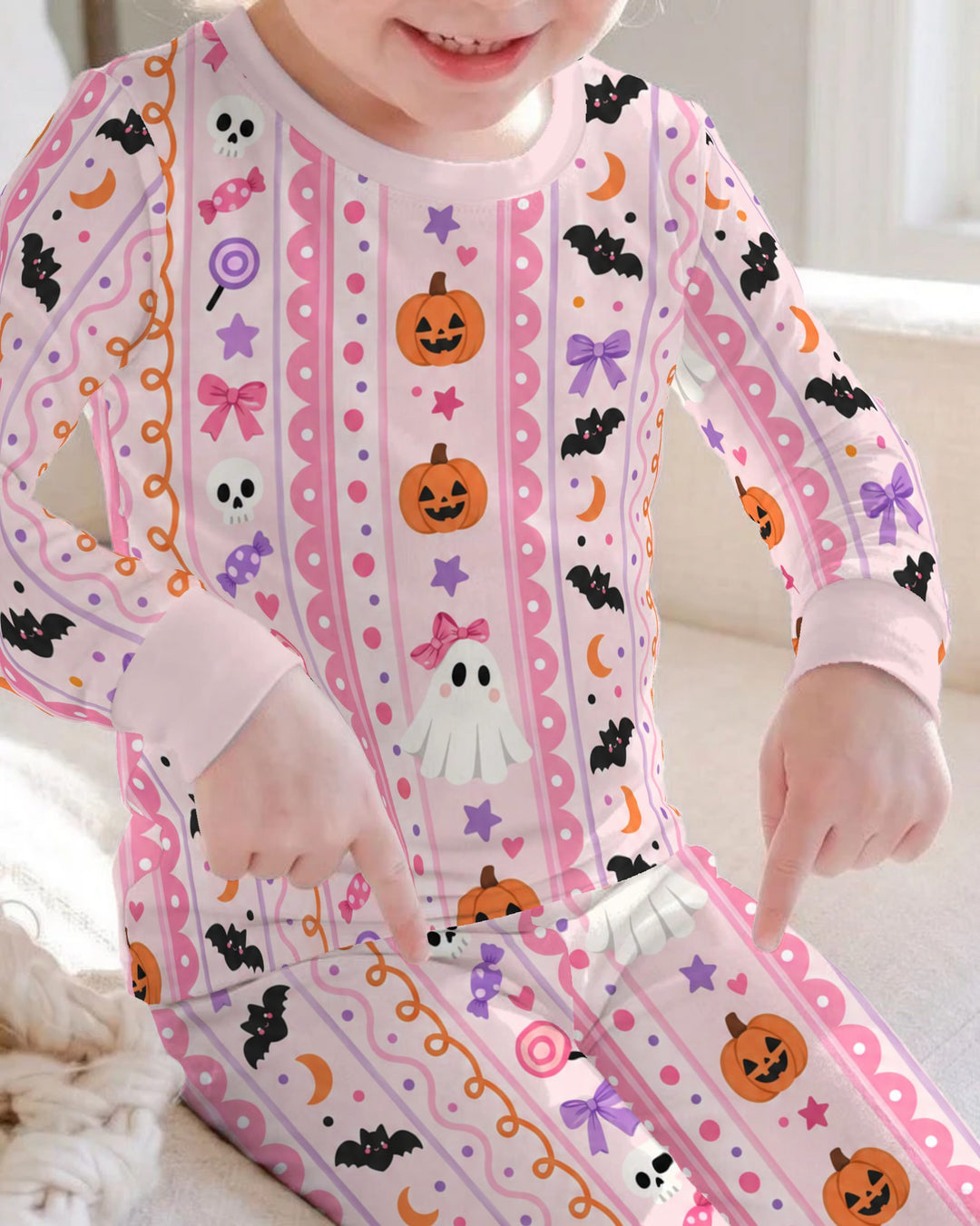 Coquette Ghost Halloween Stripes Bamboo Two Piece Long Sleeve Pajama Set