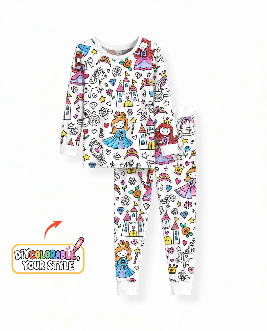 Princess Fairytale Kingdom Colorable Bamboo Two Piece Long Sleeve Pajama Set