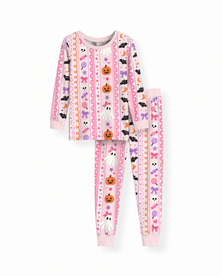 Coquette Ghost Halloween Stripes Bamboo Two Piece Long Sleeve Pajama Set