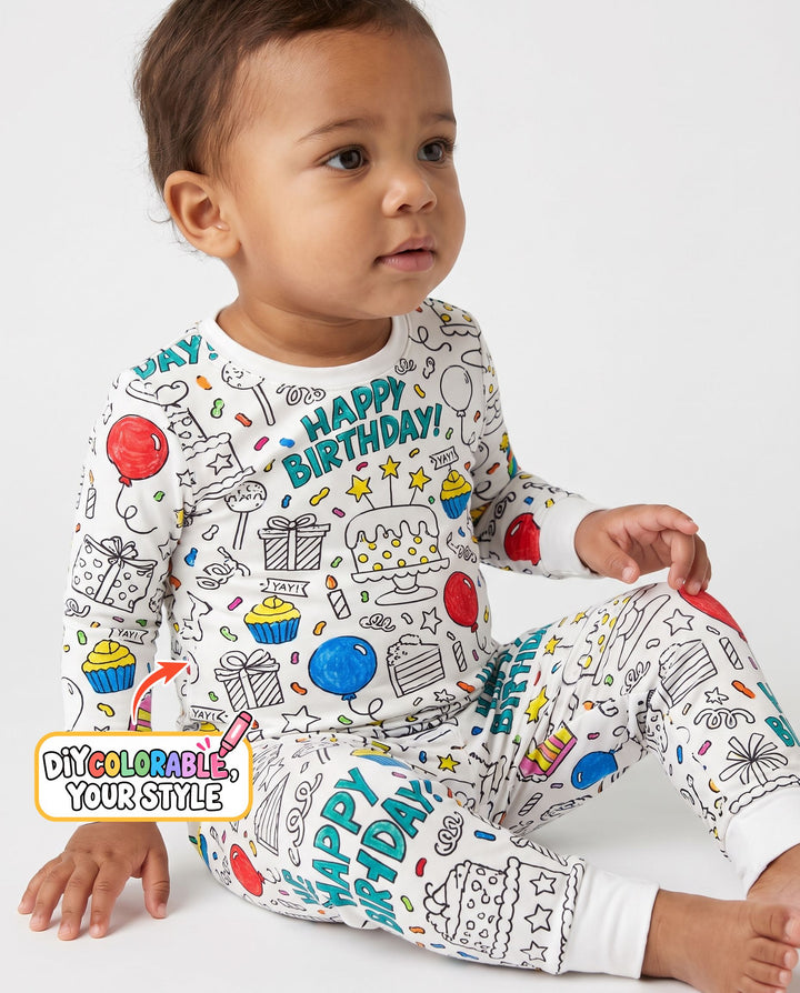 Happy Birthday Celebration Doodles Colorable Bamboo Two Piece Long Sleeve Pajama Set