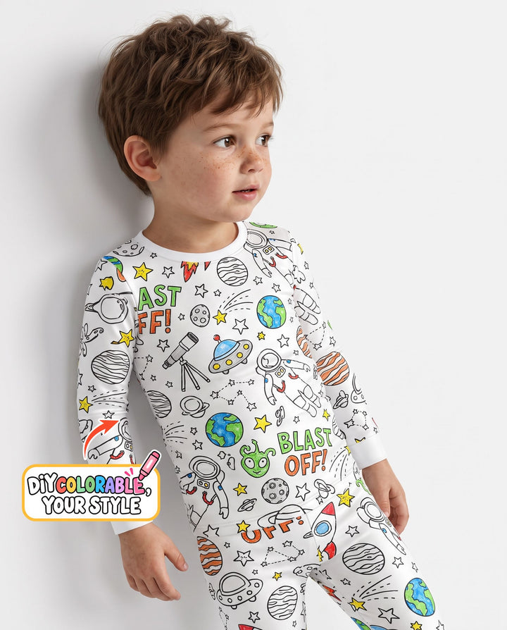 Blast Off Space Adventure Colorable Bamboo Two Piece Long Sleeve Pajama Set