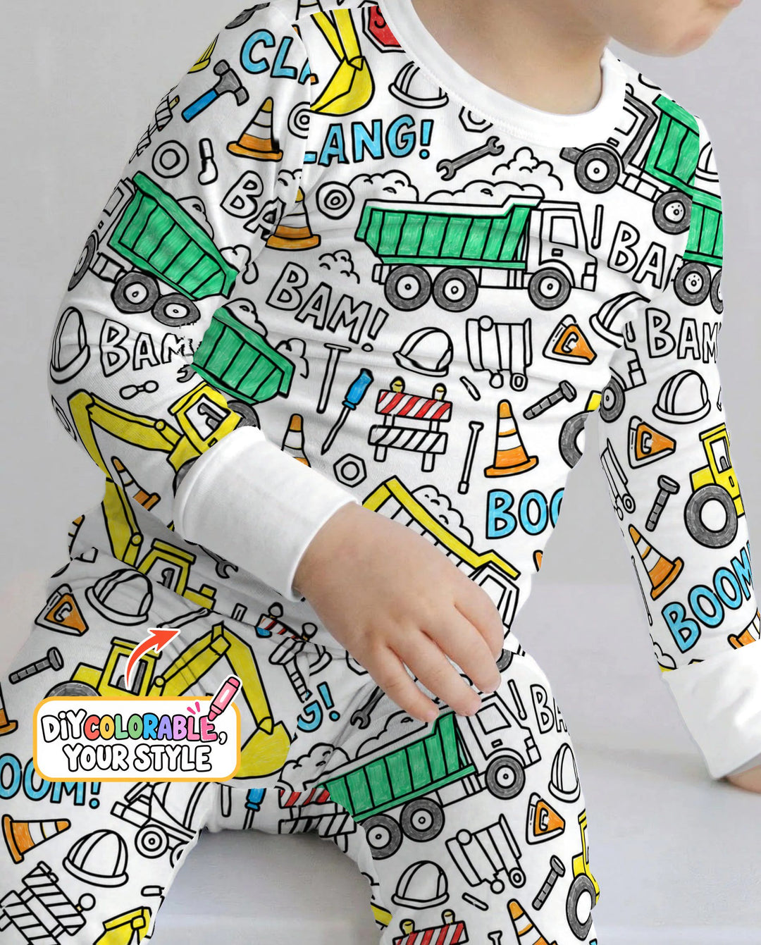 Construction Trucks Doodle Crew Colorable Bamboo Two Piece Long Sleeve Pajama Set