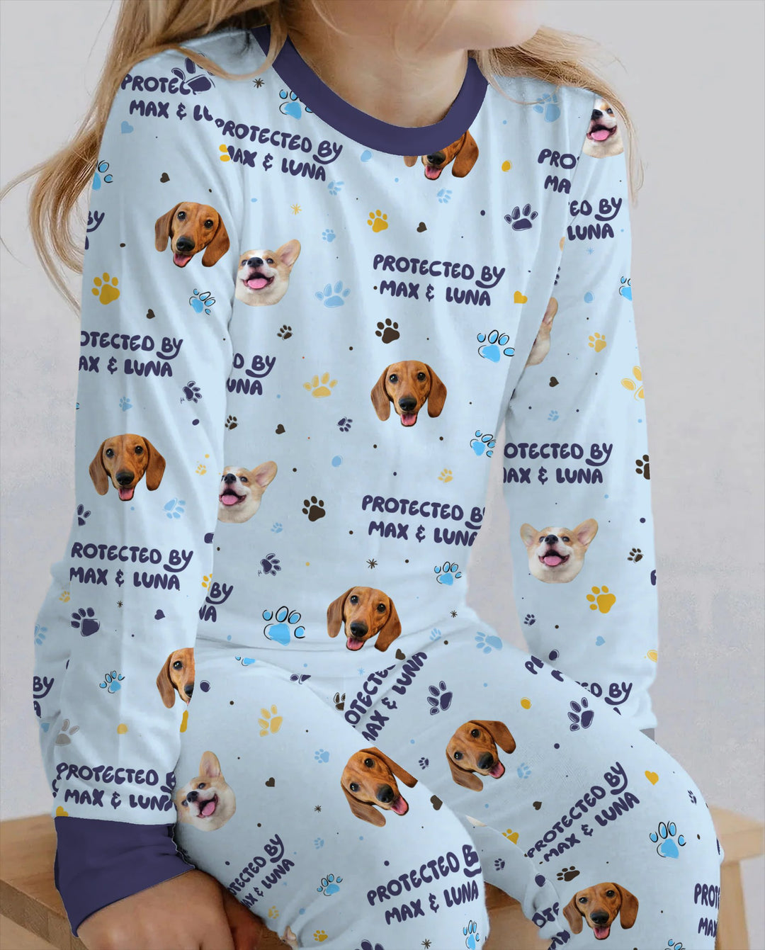 Custom Dog Photos "Protected By" Pawfect Blue Bamboo Two Piece Long Sleeve Pajama Set