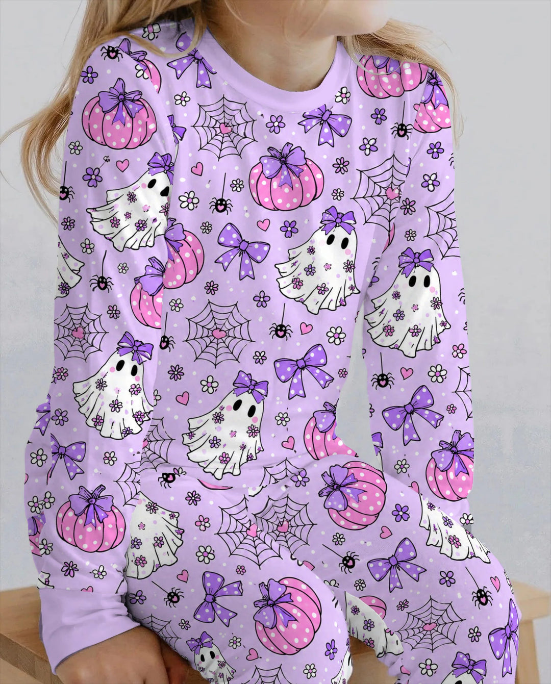 Purple Bow Ghost Halloween Bamboo Two Piece Long Sleeve Pajama Set
