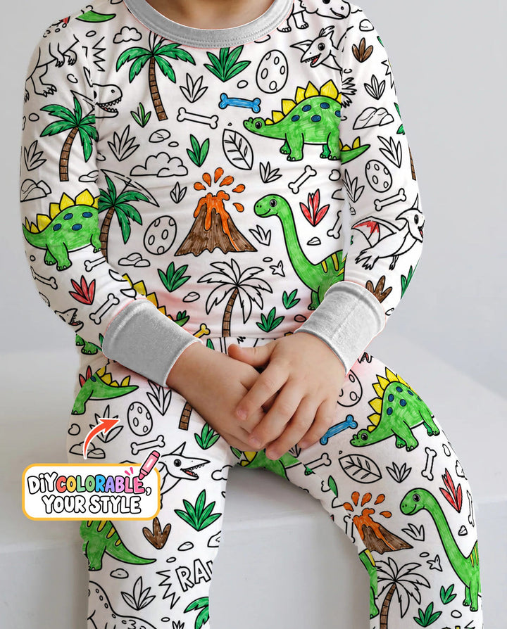 Dinosaur Prehistoric Adventure Colorable Bamboo Two Piece Long Sleeve Pajama Set