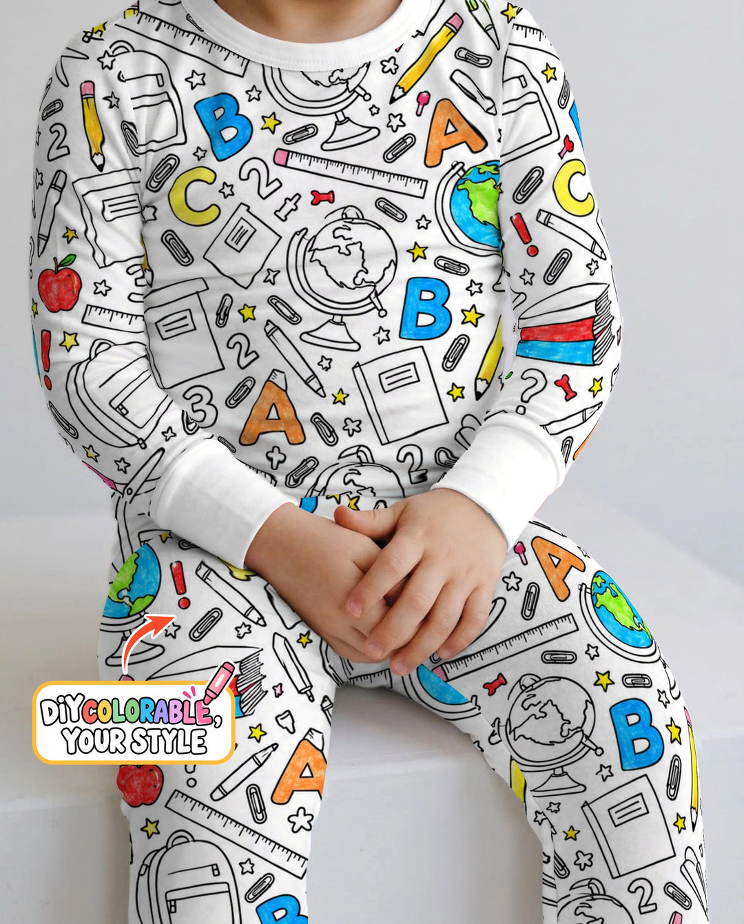 Back to School Doodle Supplies Colorable Bamboo Two Piece Long Sleeve Pajama Set