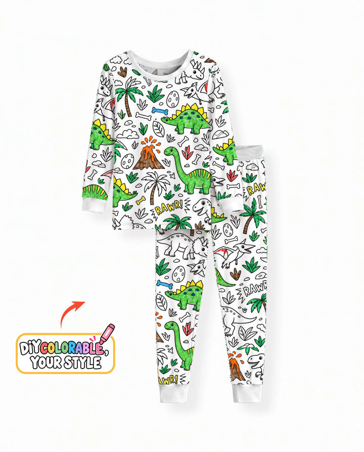 Dinosaur Prehistoric Adventure Colorable Bamboo Two Piece Long Sleeve Pajama Set