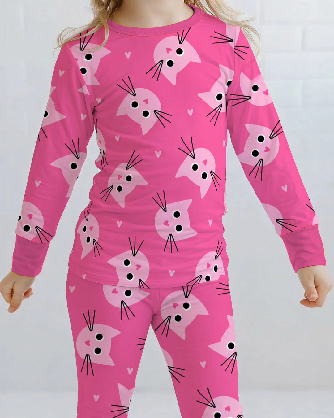 Glow In The Dark Pink Kitty Heart Toss Bamboo Two Piece Long Sleeve Pajama Set