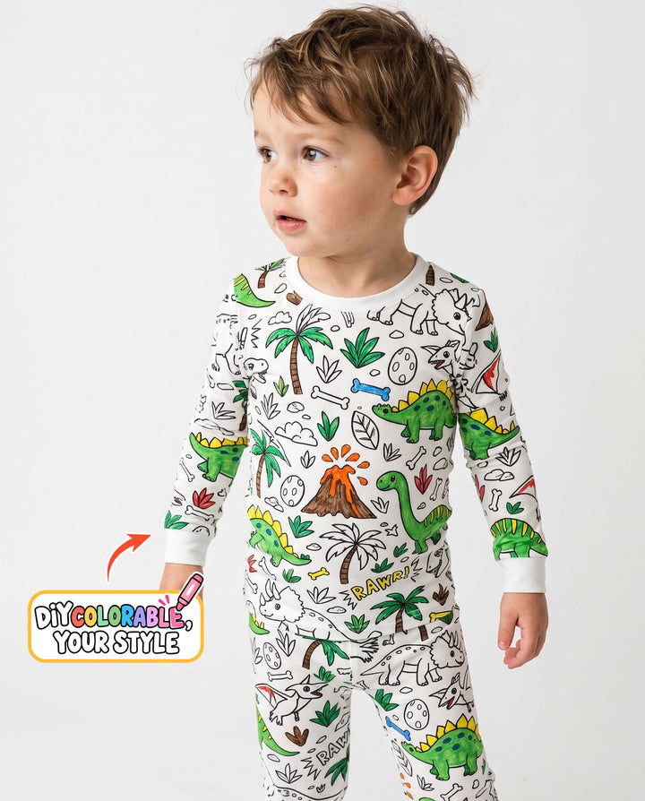 Dinosaur Prehistoric Adventure Colorable Bamboo Two Piece Long Sleeve Pajama Set