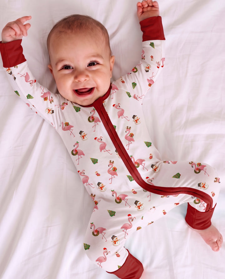 Whimsical Twilight Flamingo Christmas Cheer Bamboo Convertible Zipper Romper