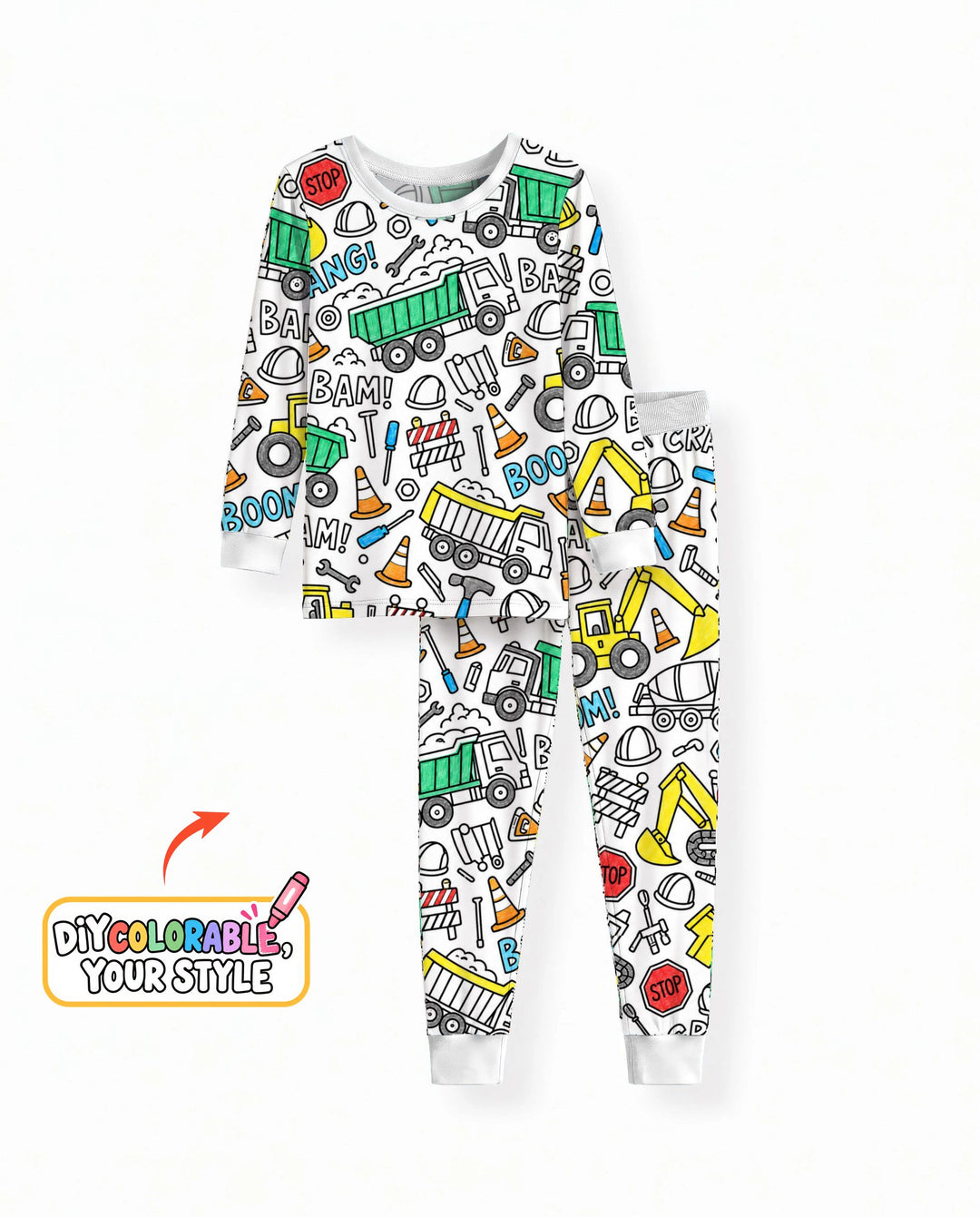 Construction Trucks Doodle Crew Colorable Bamboo Two Piece Long Sleeve Pajama Set