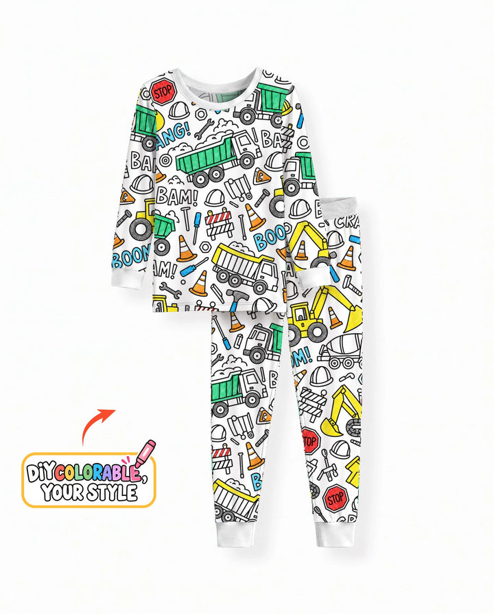 Construction Trucks Doodle Crew Colorable Bamboo Two Piece Long Sleeve Pajama Set